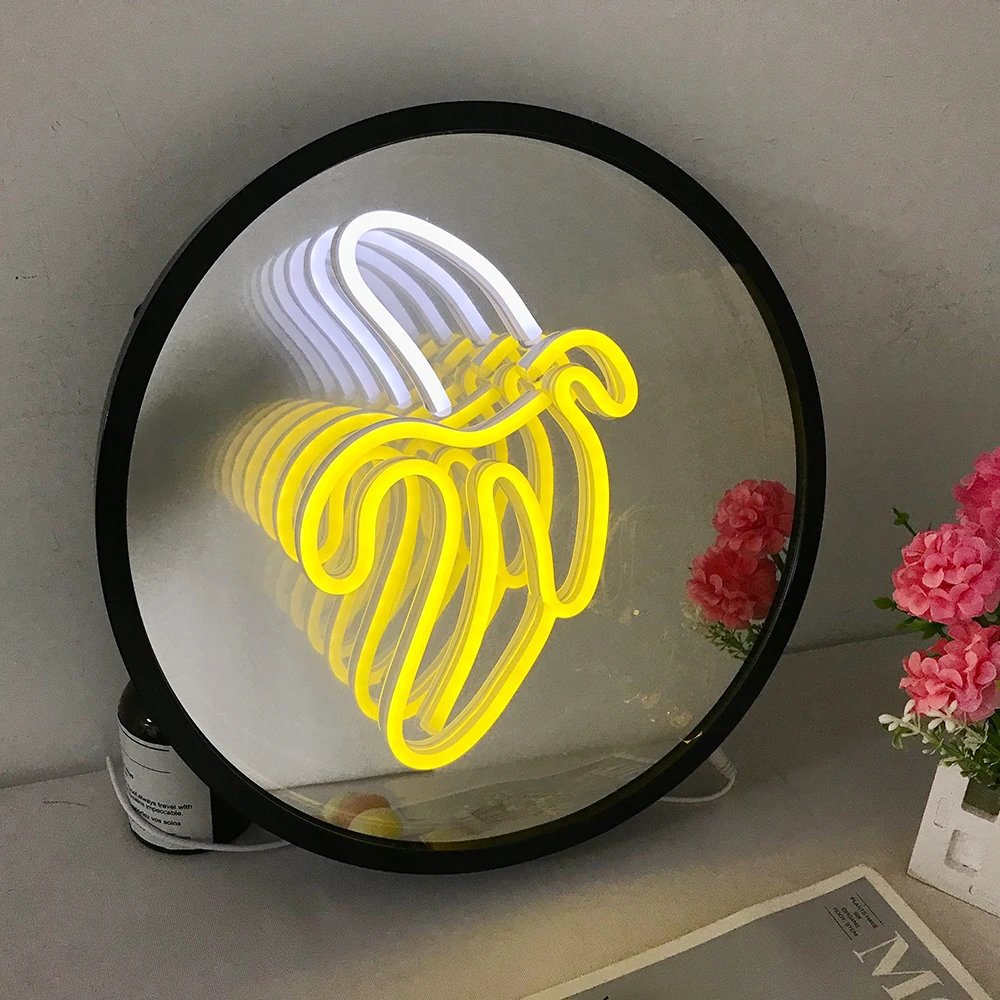 

3D Magic Infinite Mirror Multi-layer Banana LED Neon Sign Make Up Mirror USB+Battery Powered Room Decor Night Lamp Lights Gifts