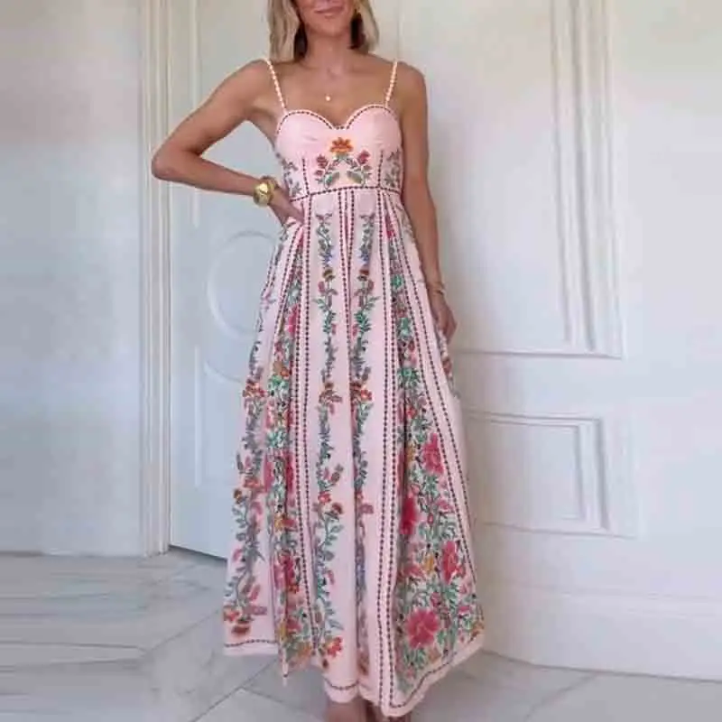 Temperamento Abito bohémien stampato floreale Donna Casual Vita alta Senza maniche Abito lungo senza schienale Donna Elegante abito da festa Boho