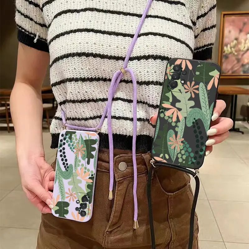 Ornamental Plant Crossbody Lanyard Silicone Phone Case For Samsung Galaxy A53 A52 A50 A54 A52S A24 A21 A22 A72 A31 A32 A34 Cover