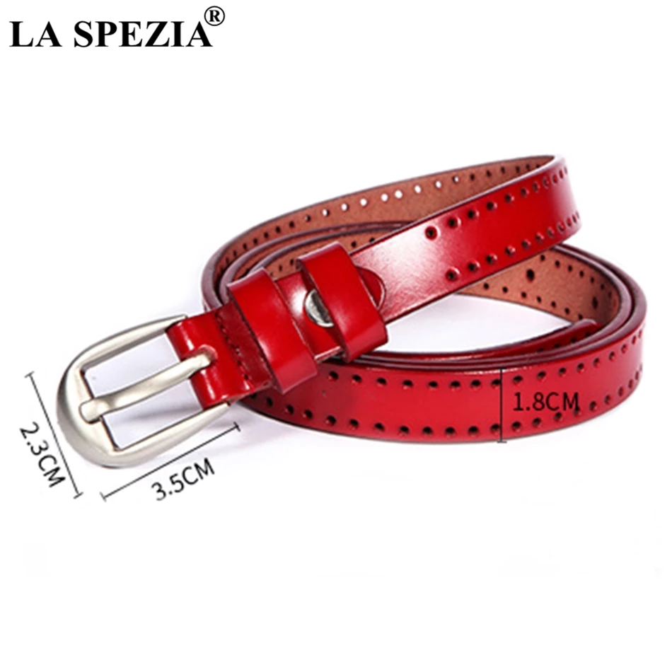 LA SPEZIA White Belt Women Real Leather Chain Pin Buckle Belt Female Classic Genuine Leather Cowhide Ladies Thin Belt With Holes