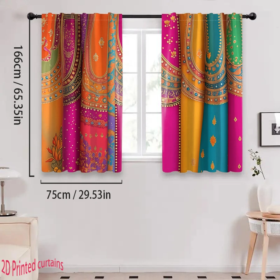 2PCS Digital Print Curtains Indian Ethnic Colorful Pattern Boho Rod Pocket
