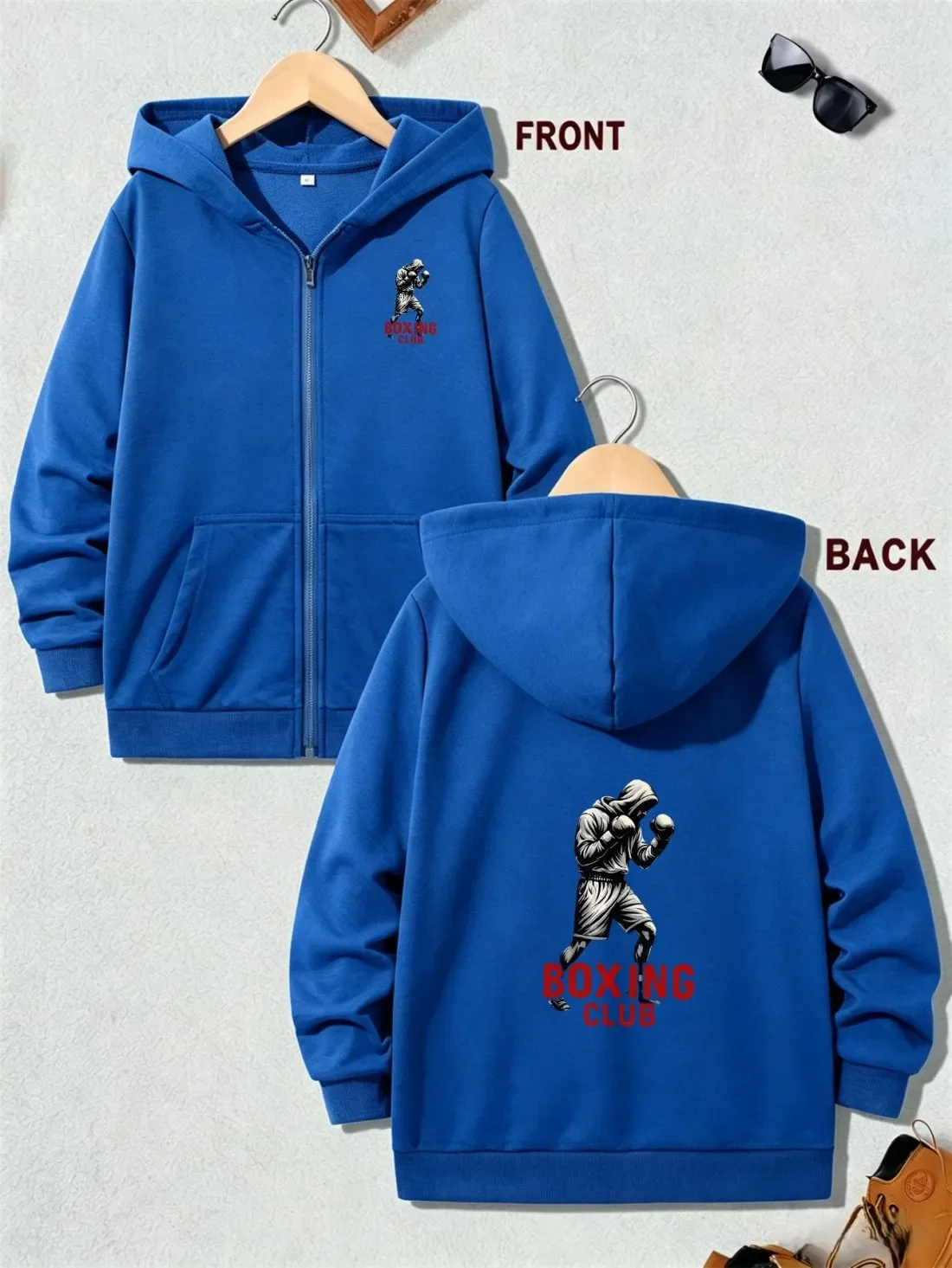 Kids Zip Up Hoodie Boxing Club Boxer Silhouette Graphic Print Autumn Winter Fleece Lined Warm Casual Hooded Sweatshirt