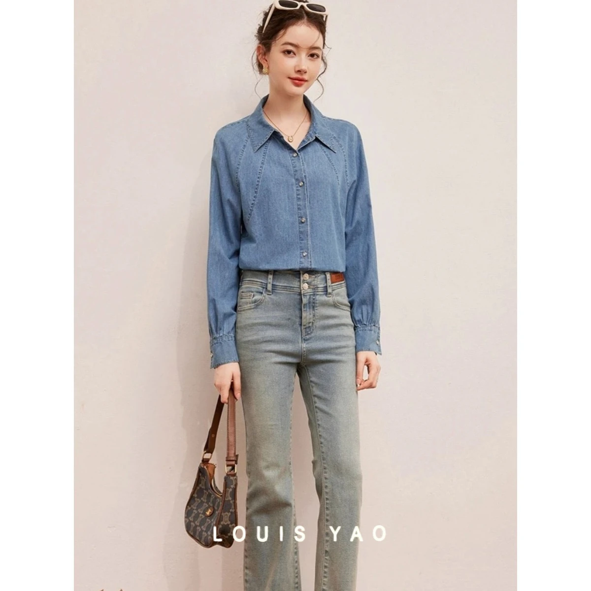 

Spring Design Sense Deconstructed Lines Denim Shirt Fashion Lapel Shoulder Sleeve Non-stretch Women's Blouses Female Clothing