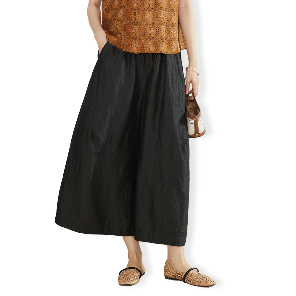 Women's Fashion Clothing Heavyweight 100%Natural Mulberry Silk Gambiered Guangdong Gauze Pocket Design Drawstring Wide Leg Pants