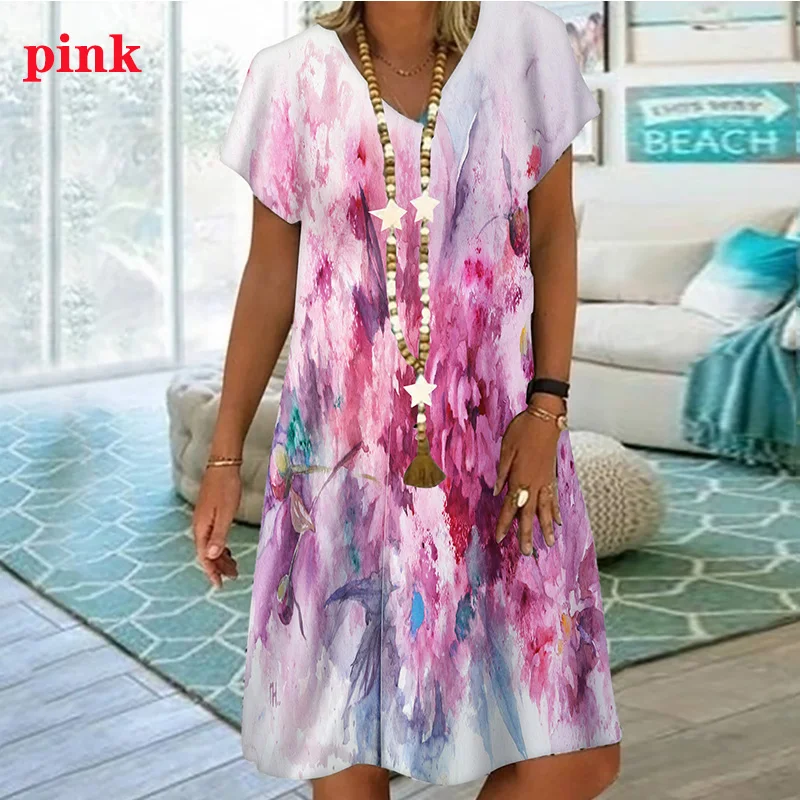 Tie Tye Colorful Gradient Floral Print Dresses For Summer Women Short Sleeve Loose Dress Casual V-Neck Ladies Oversized Clothing