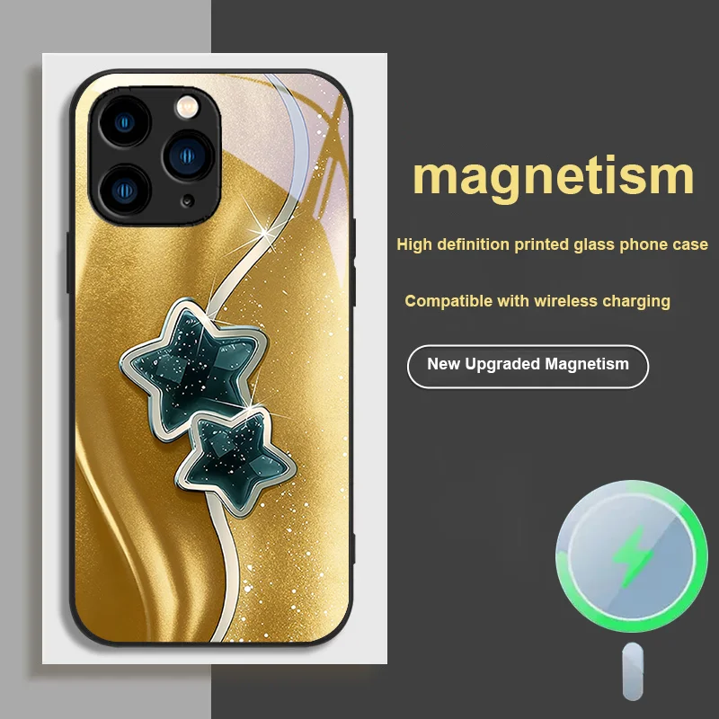 

For iPhone 11 X XR 13 Mini Plus 14 Pro 15 12 XS MAX 8 16 e Magnetic Glass Phone Case Girls Dustproof Pentagram Series Design