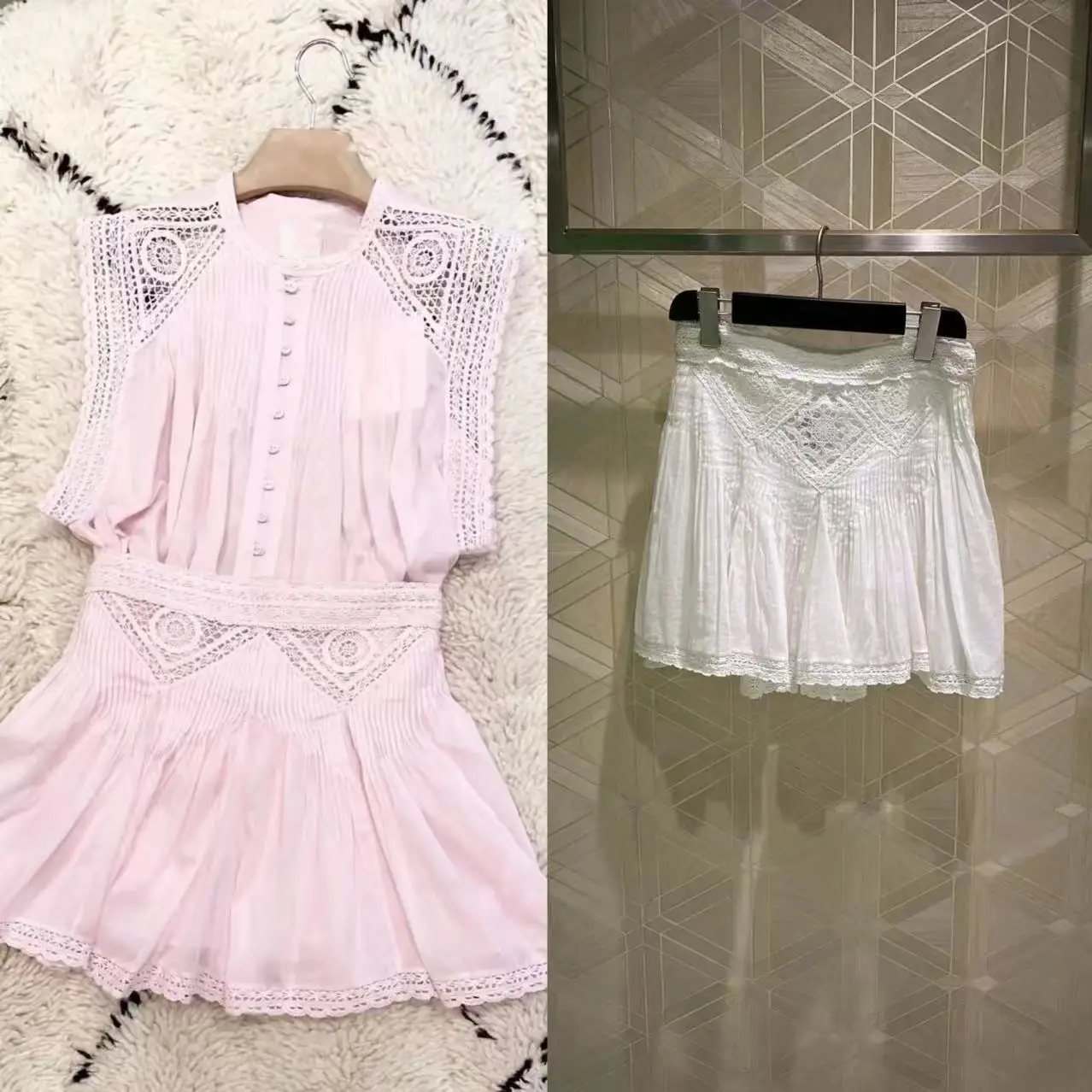 

French Sle Lace Trim Pleated Skirt Women's Hollow out Patchwork f-length A-line Skirt Cotton Material Ciwalk Suitable