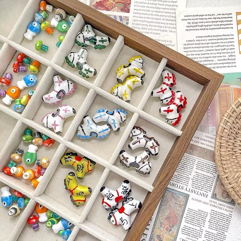 Ceramic Drip Oil Hand Drawn Mushroom Fish Horse Bead DIY Fashion Jewelry Making Necklace, Bracelet, Clothing Accessory Materials