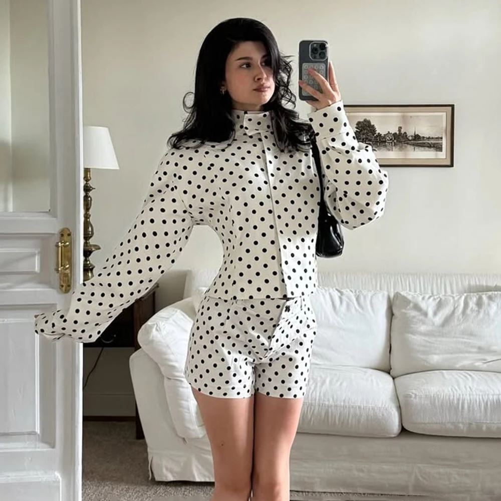 

Ticketsx Polka Dots Short Set Women's Stand Collar Single Breasted Top High Waist Short Set Female Casual Loose Commuter Outfit