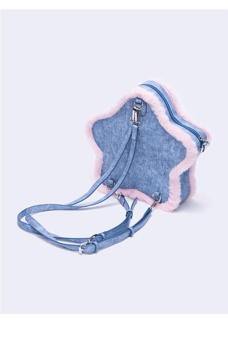 Original Design Denim Blue Pink Contrast Color Shoulder Bag Five-pointed Star Bag Leather Buckle Rivet Crossbody Bag