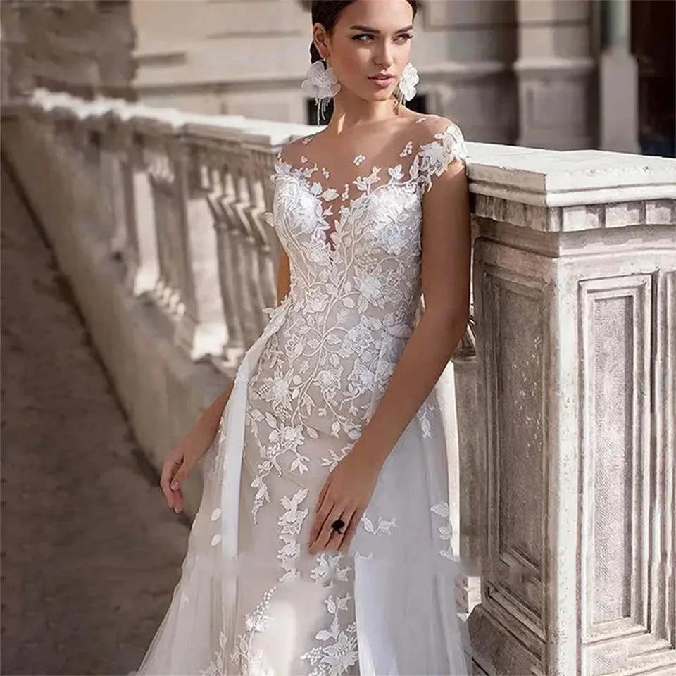 Vestidos de casamento feminino sem costas, vestido de noiva com trem destacável, elegantes apliques, 2024