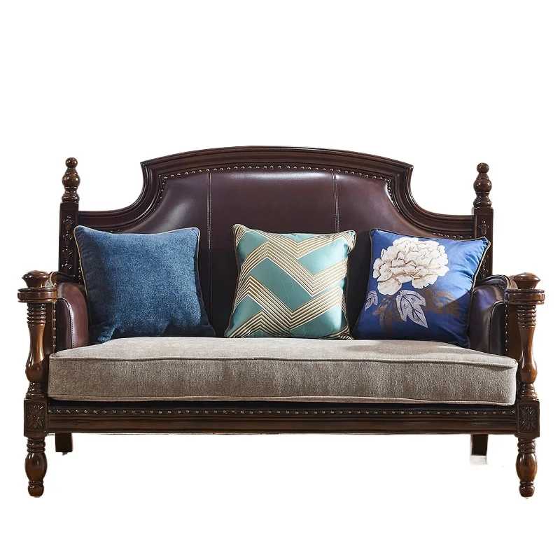 

American leather sofa, living room 123 combination solid wood sofa, classic engraved