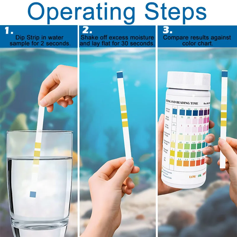 50 Stück/Box 7-in-1 Aquarium-Teststreifen Wasserqualitäts-Teststreifen Aquarium-Testkit für Süßwasser- und Salzwasser-Aquarien PH-Teststreifen – Detail 4