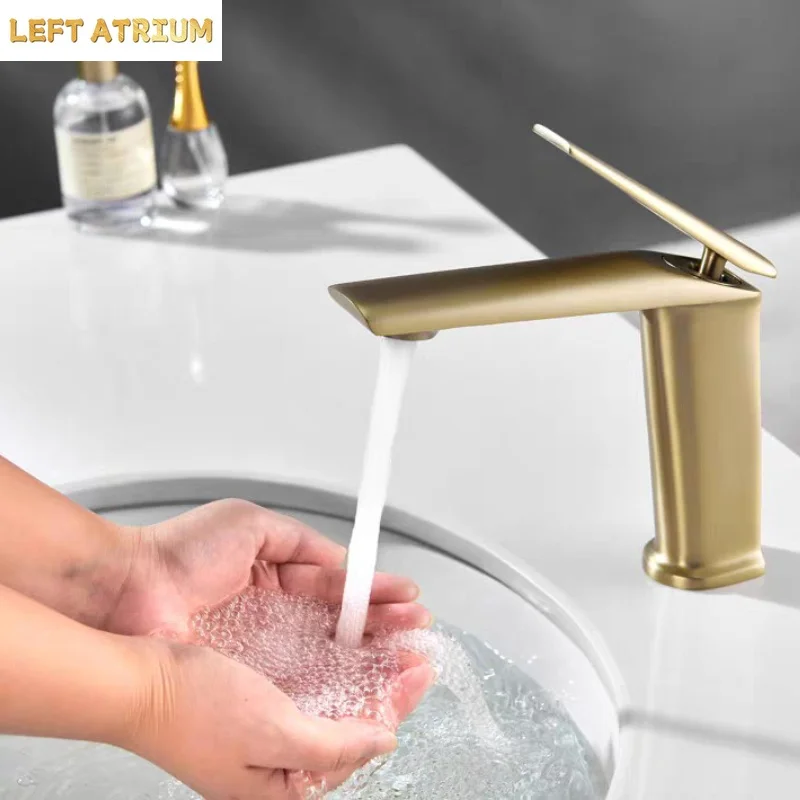 Luxury Hotel All-Copper Gunmetal Gray Basin Brushed Gold Faucet Bathroom Sink Cold/Hot Splash-Proof Faucet