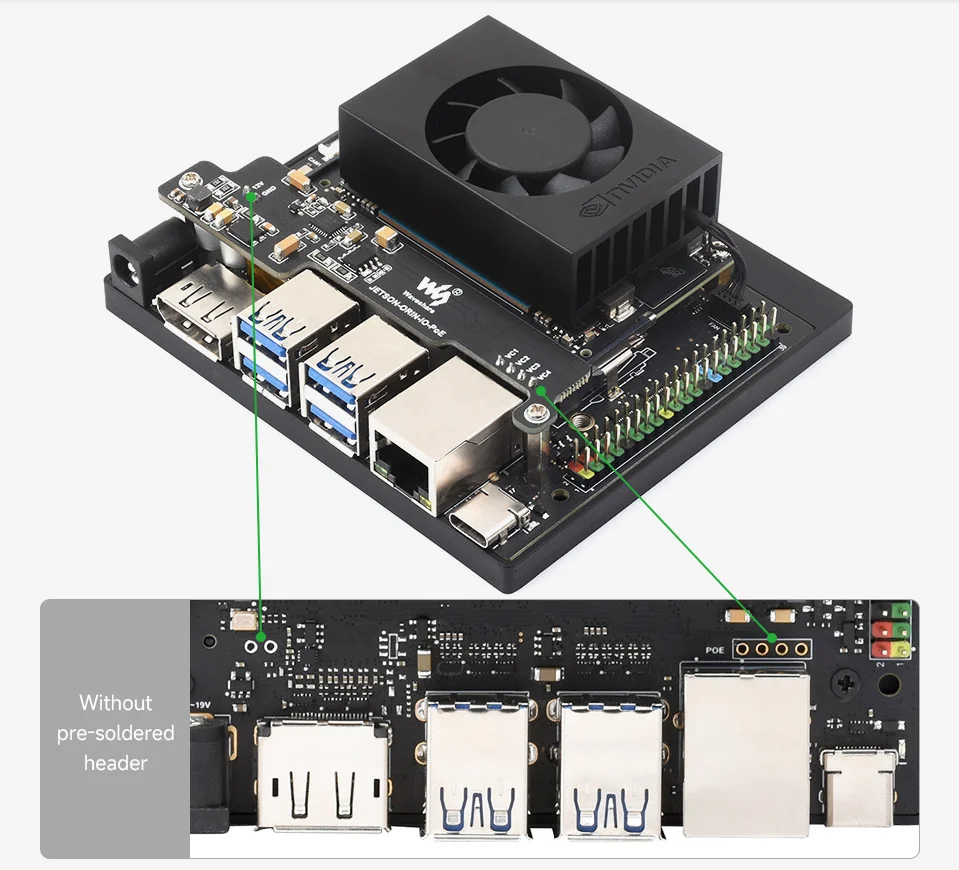 Placa de expansão Waveshare PoE para NVIDIA Jetson Orin Nano/NX, corpo compacto, mais economia de espaço