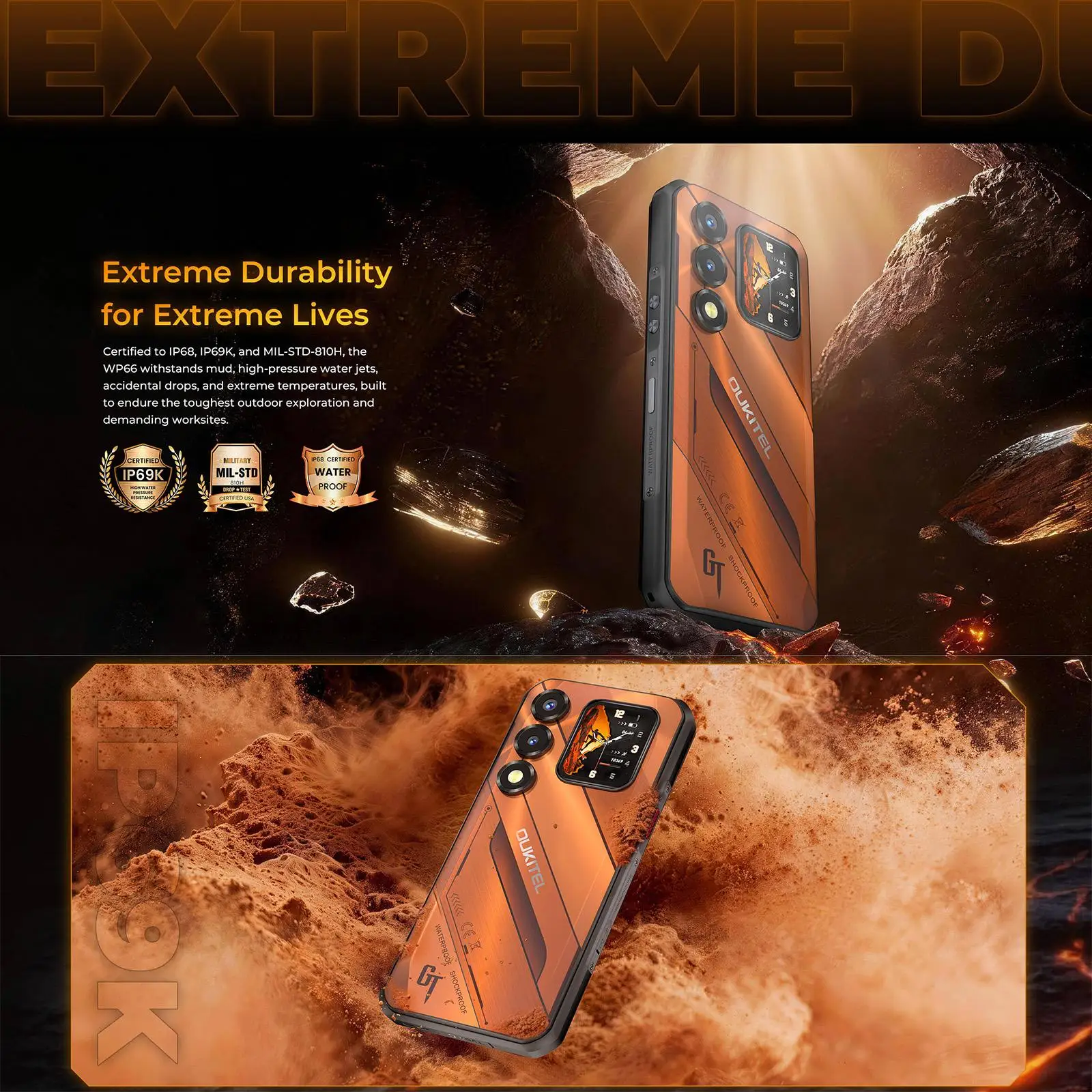 Oukitel WP66 Rugged Phone 12GB+512GB 6.6'' Android 16 Dimensity 7025 108MP Camera 33W NFC 5G Smartphone