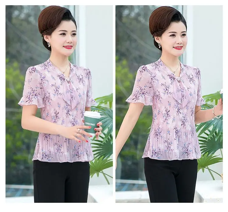 Mom's Clothing Style Floral Temperament Slim Chiffon Shirt Middle-aged Woman's Large-size Fashionable Belly-covering T-shirt