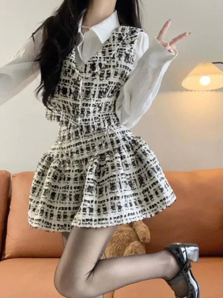 Vintage Elegant 3 Piece Set Women White Shirt +Button Chic Vest+ Folds Mini Skirt Female Autumn Sweet Princess Short Party Sets