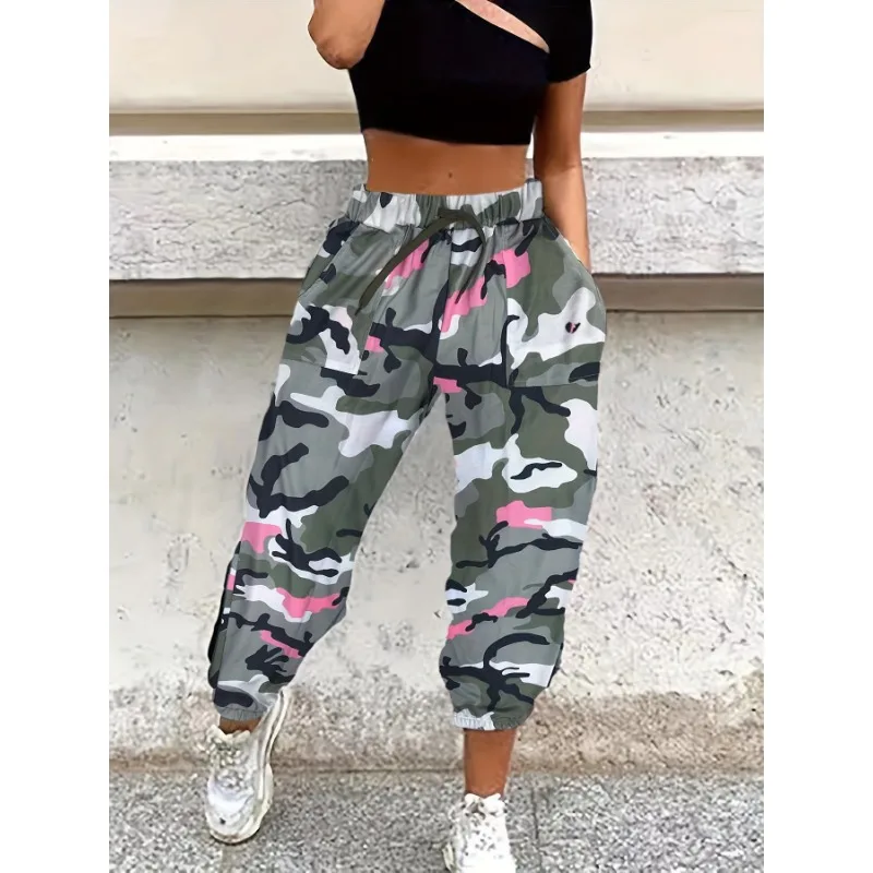 2026 Trendy Pink Accent Camo Print Harem Pants for Women Elastic Drawstring Waist Loose Fit Casual Joggers Y2K Streetwear Kids