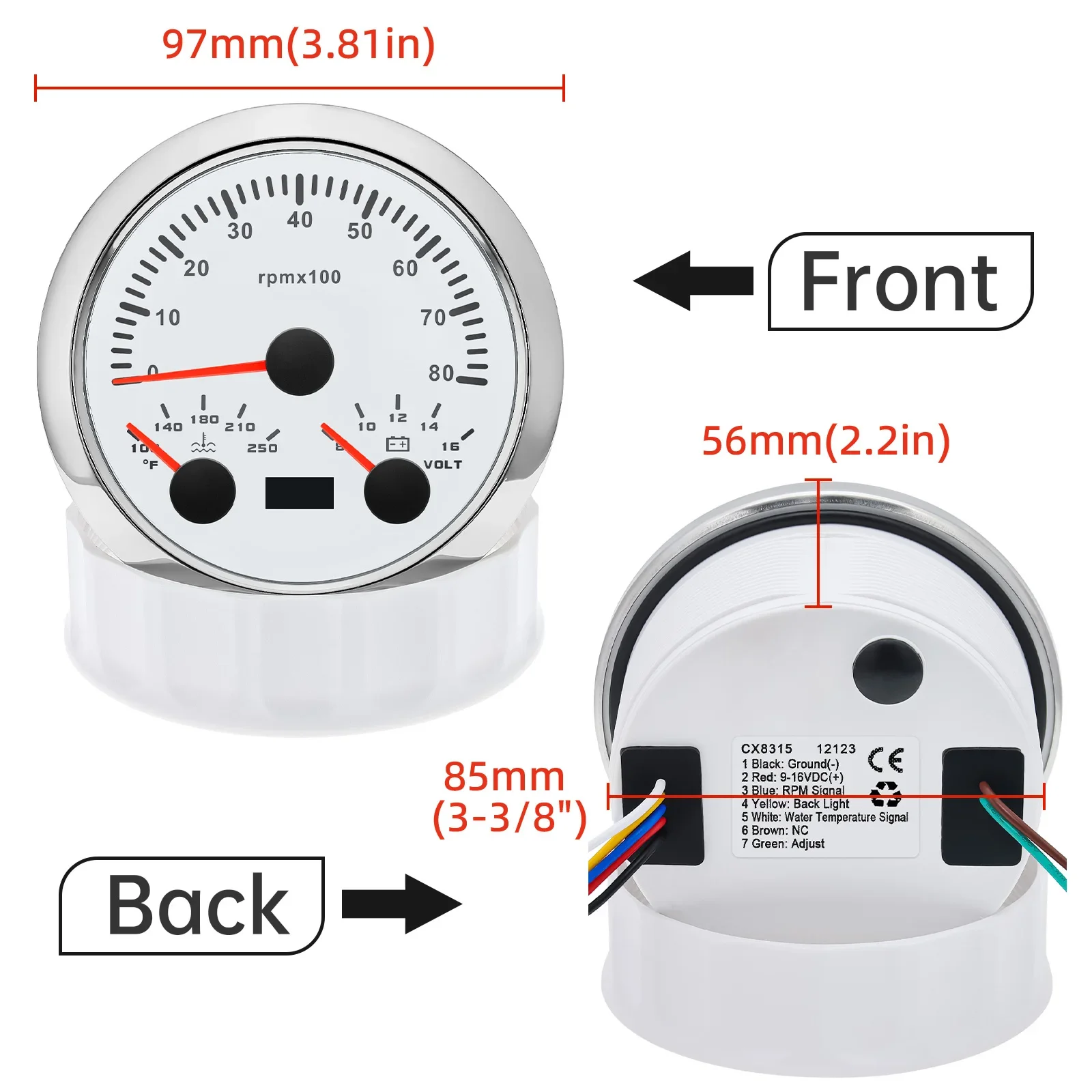 3 in 1 85MM Car Gauge 8K RPM Tachometer Water Temperature Voltmeter 8-16V 7 Colors Backlight for 12V Car Boat Marine Motorcycle