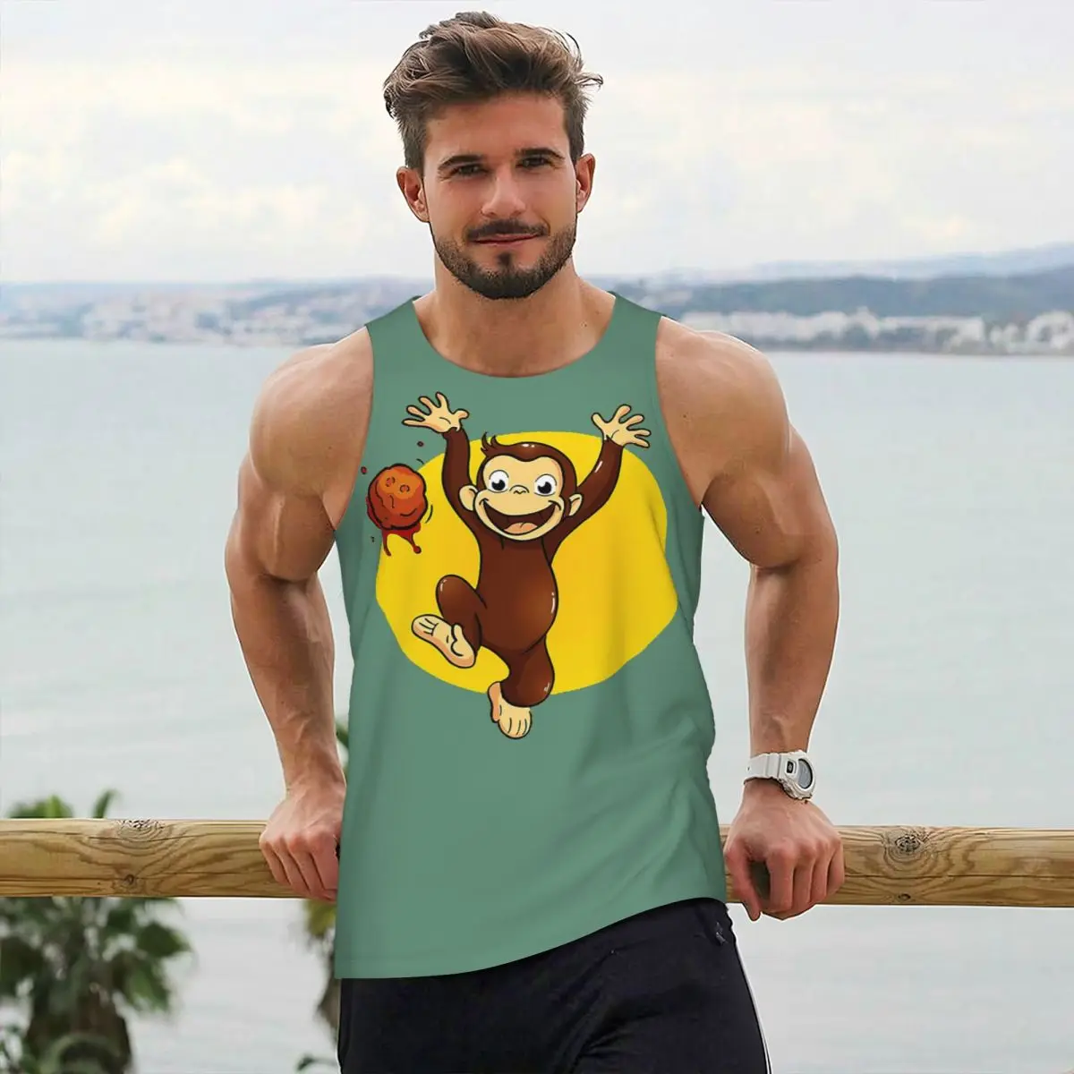 

Curious George Monkey Happynes Gym Tank Bodybuilding Vest Fitness Sleeveless Tops Quick Dry Men Workout Sports Clothing