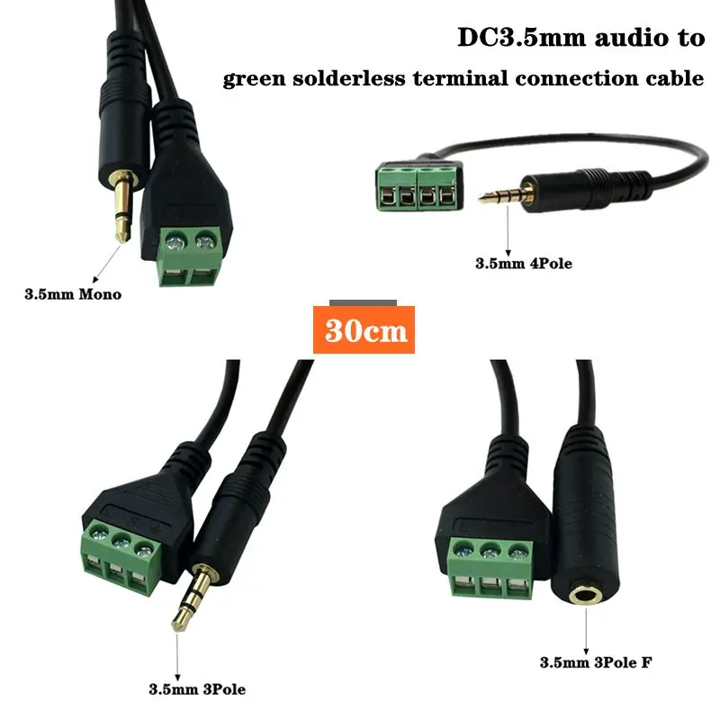 Solderless Gold-Plated Audio DC3.5mm Single And Dual Channel 3/4 Pole Male To Green Wiring Solderless Terminal Connection Cable