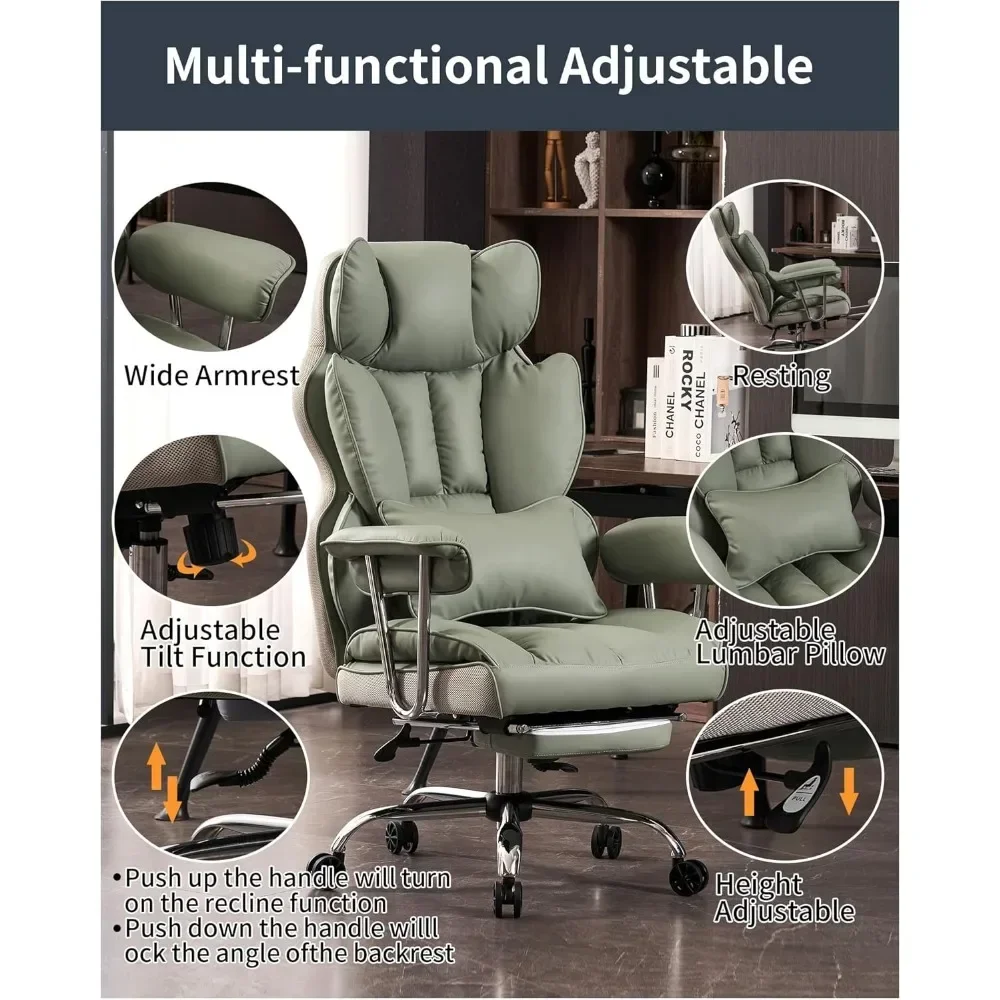 Grande et grande chaise d'ordinateur en cuir PU, chaise de bureau de direction avec assistant jambes et support lombaire, chaise de bureau vert clair