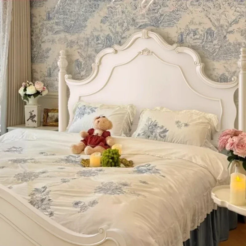 سرير جمالي بتصميم من الخشب الصلب، غرفة نوم أمريكية بيضاء، سرير نوم مزدوج كريمي للأميرة، أثاث Beliche فاخر خفيف