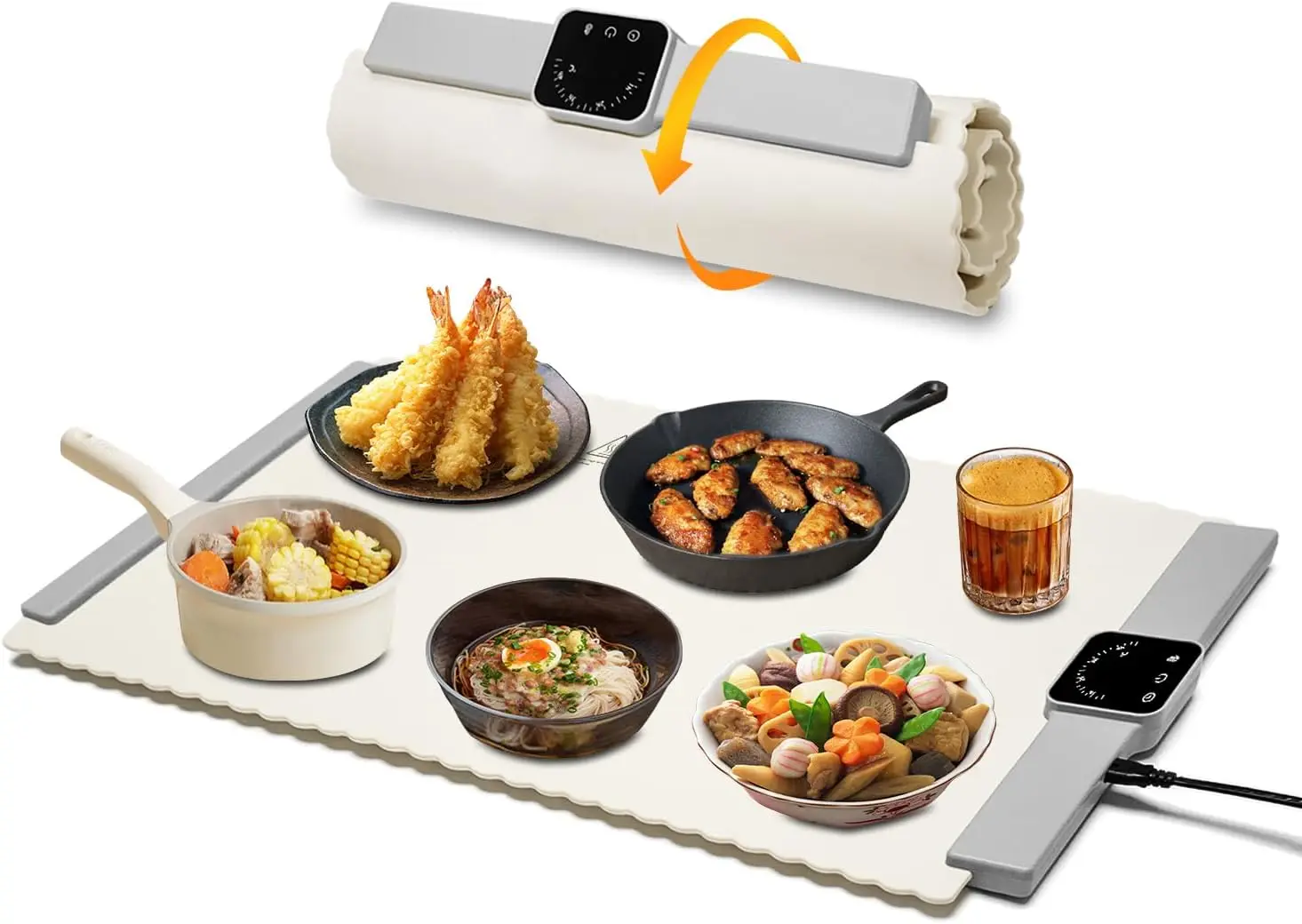

Food Warmer Mat, Electric Portable Silicone Warming Plate, Roll Up Heating Tray for Food, 5 Heat Levels, 24x15.7, (White)