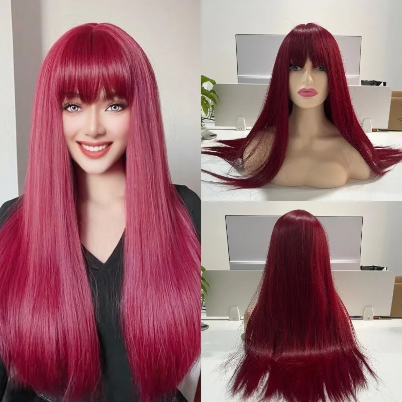 

New Women Wig Long Wine Red Straight Wig Ladies Hair Wig+Wig Cap