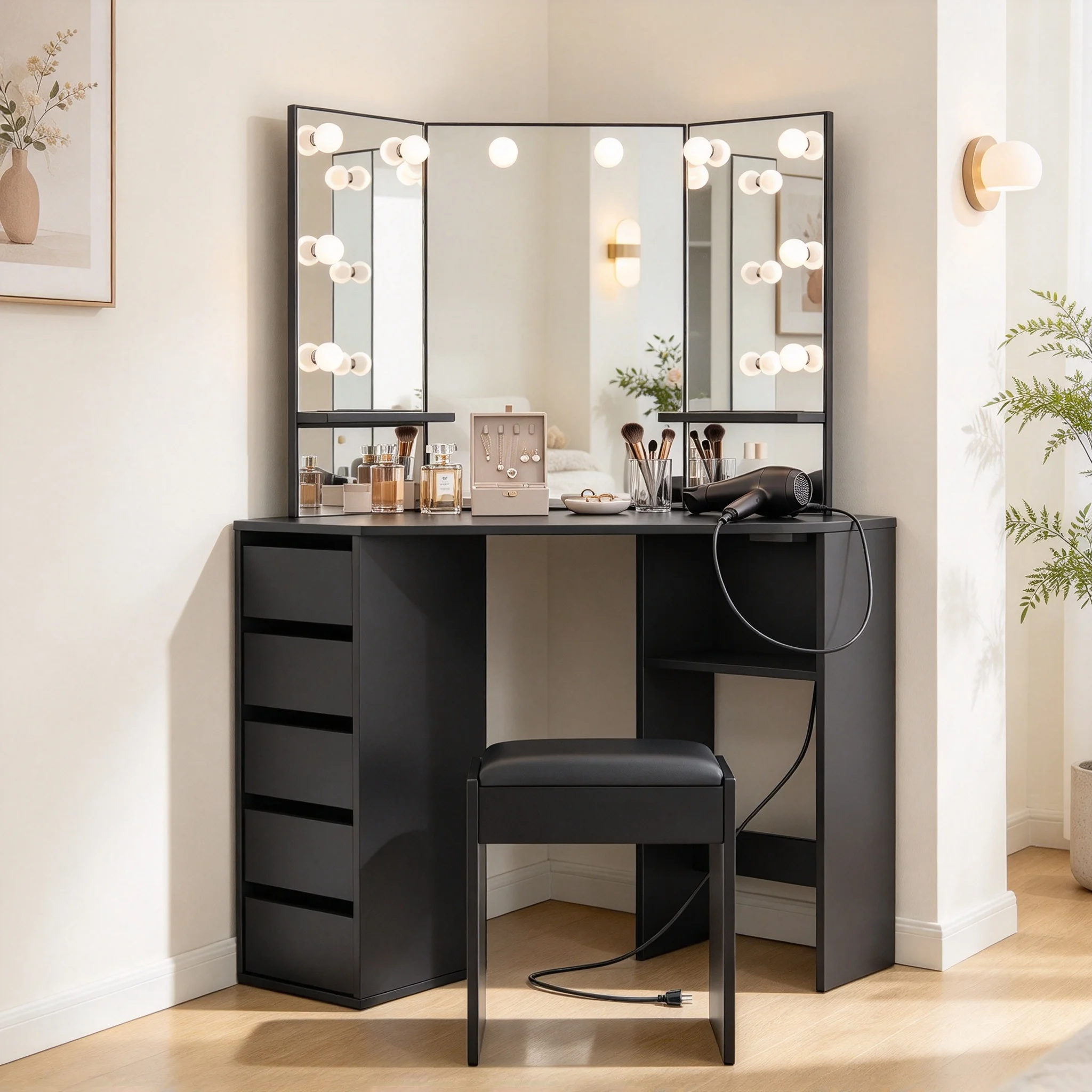 Corner Makeup Vanity Desk with Tri-Fold LED Lighted Mirror, 10 Bulbs, Charging Station & 5 Drawers, Space-Saving Dressing Table for Bedroom, Black