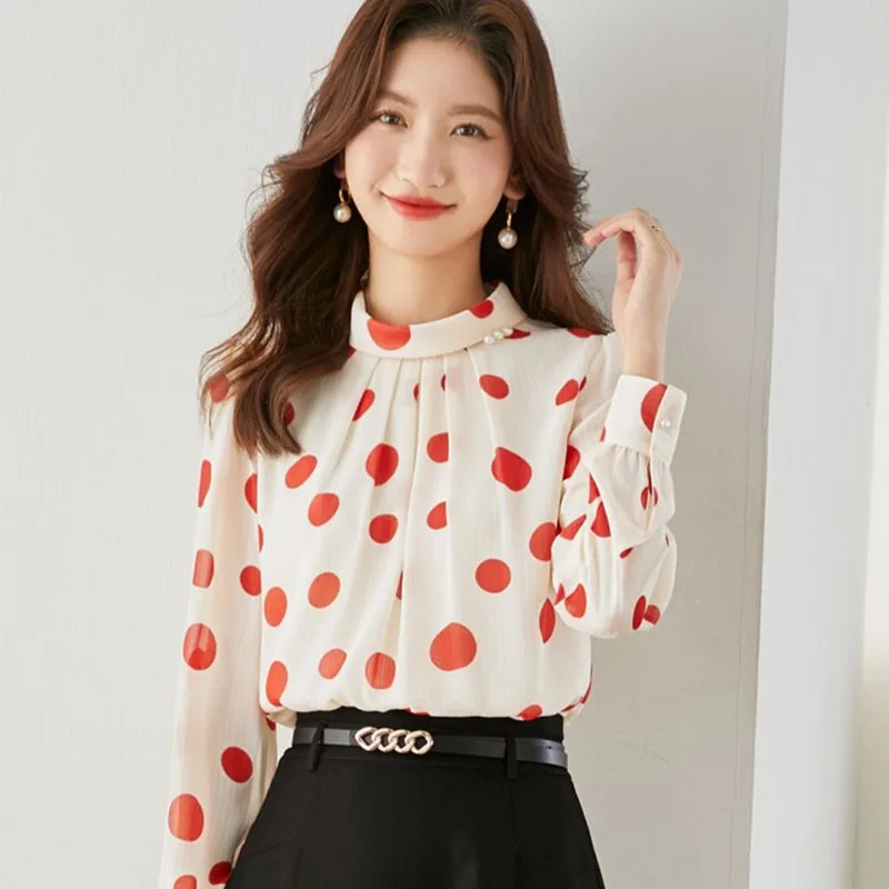 Fashion Printed Stand Collar Beading Polka Dot Chiffon Blouse Female Clothing 2023 Spring Autumn New Casual Tops Sweet Shirt