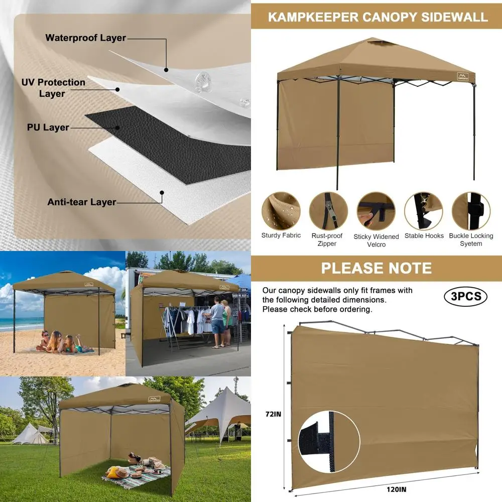 

3-Pack UPF50+ Waterproof Zippered Sidewalls for 10x10 Canopy Tents, Sun Protection, Khaki