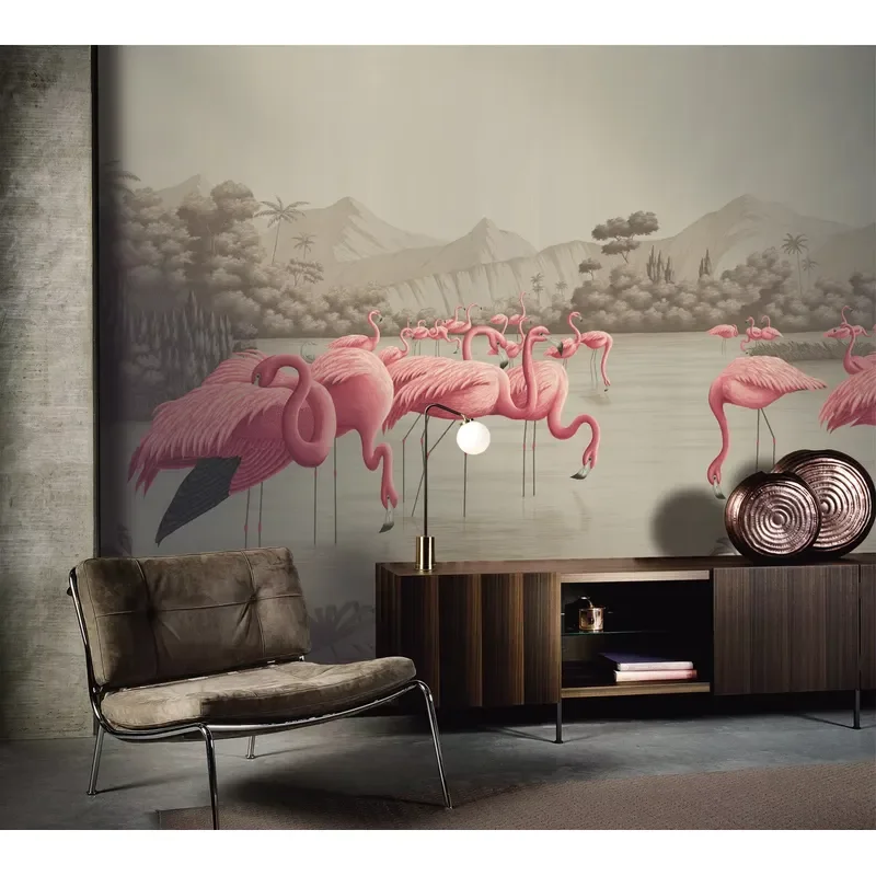 Large Scale Tropical Flamingo Wallpaper Mural Lake Scene Feature Wall Decoration for Home Commercial Space Eco-Friendly