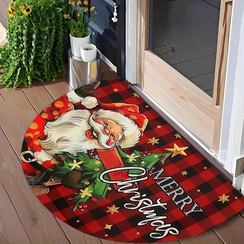 Christmas Doormat Semicircle Santa Claus NonSlip Felt Rug Plaid Pattern Entrance Floor Mat Outdoor Indoor Holiday Welcome Carpet