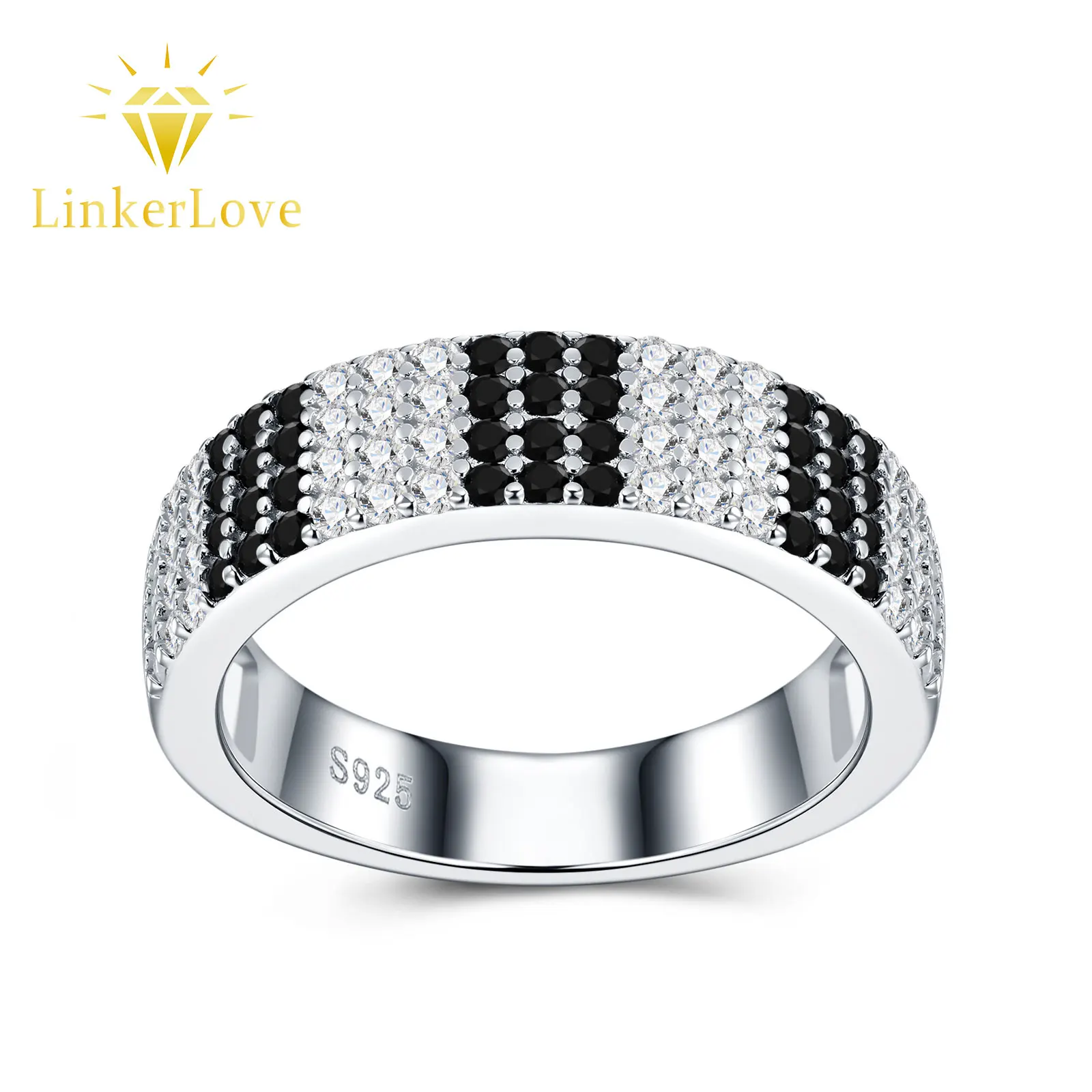 LinkerLove S925 Silver Zebra Pattern Ring with Black and White Moissanite Wide Band for Women Fine Jewelry Birthday Party Gift