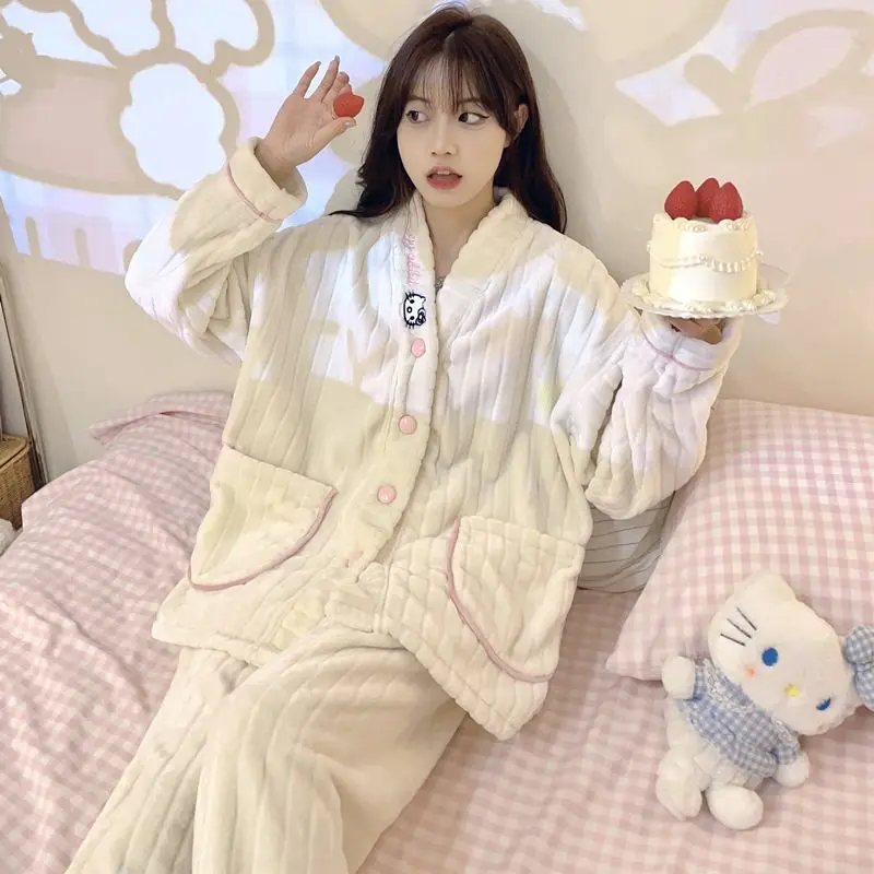 

High-end Flannel Soft Warm Cardigan Cartoon Pajamas for Girls Thickened Fine Velvet Cute Hello Kitty Student Home Clothes Set