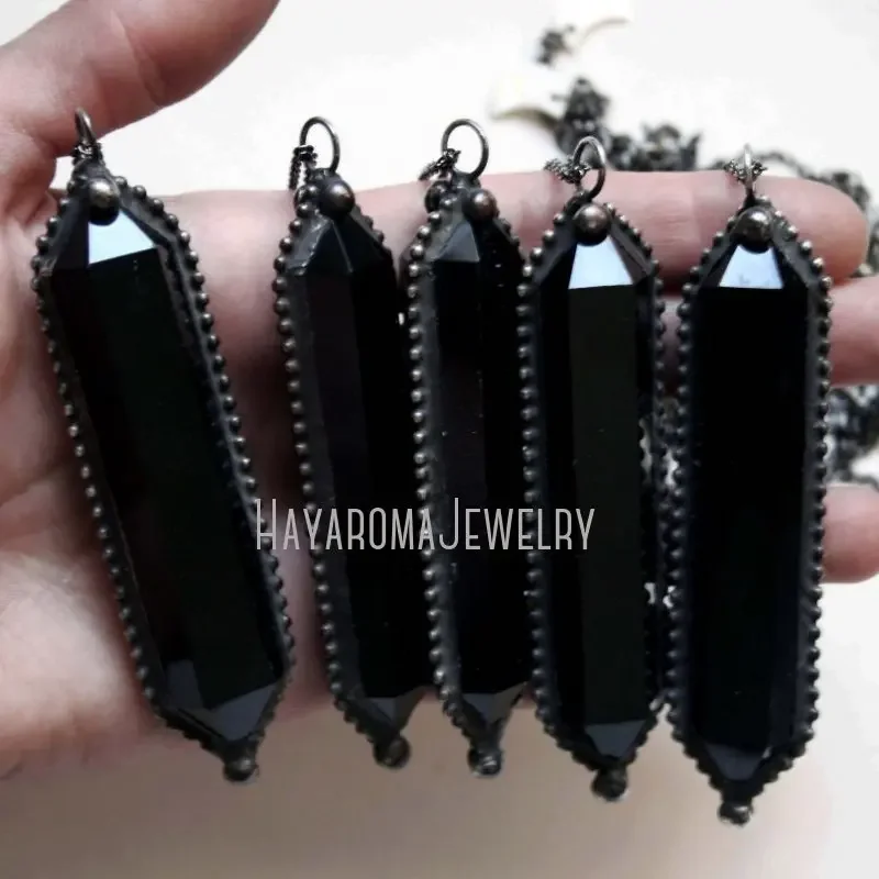 10pcs Large Black Obsidian Crystal Necklace Halloween Vintage Goth Satan Chakra Boho Chains One Piece Stainless Steel Jewelry