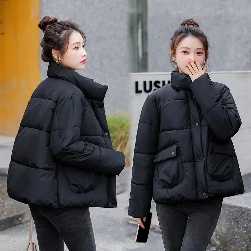 Jaket kasual berbantalan kerah berdiri jaket katun Crop Korea musim dingin jaket katun wanita ringan hangat mantel longgar Single Breasted Casaco tebal