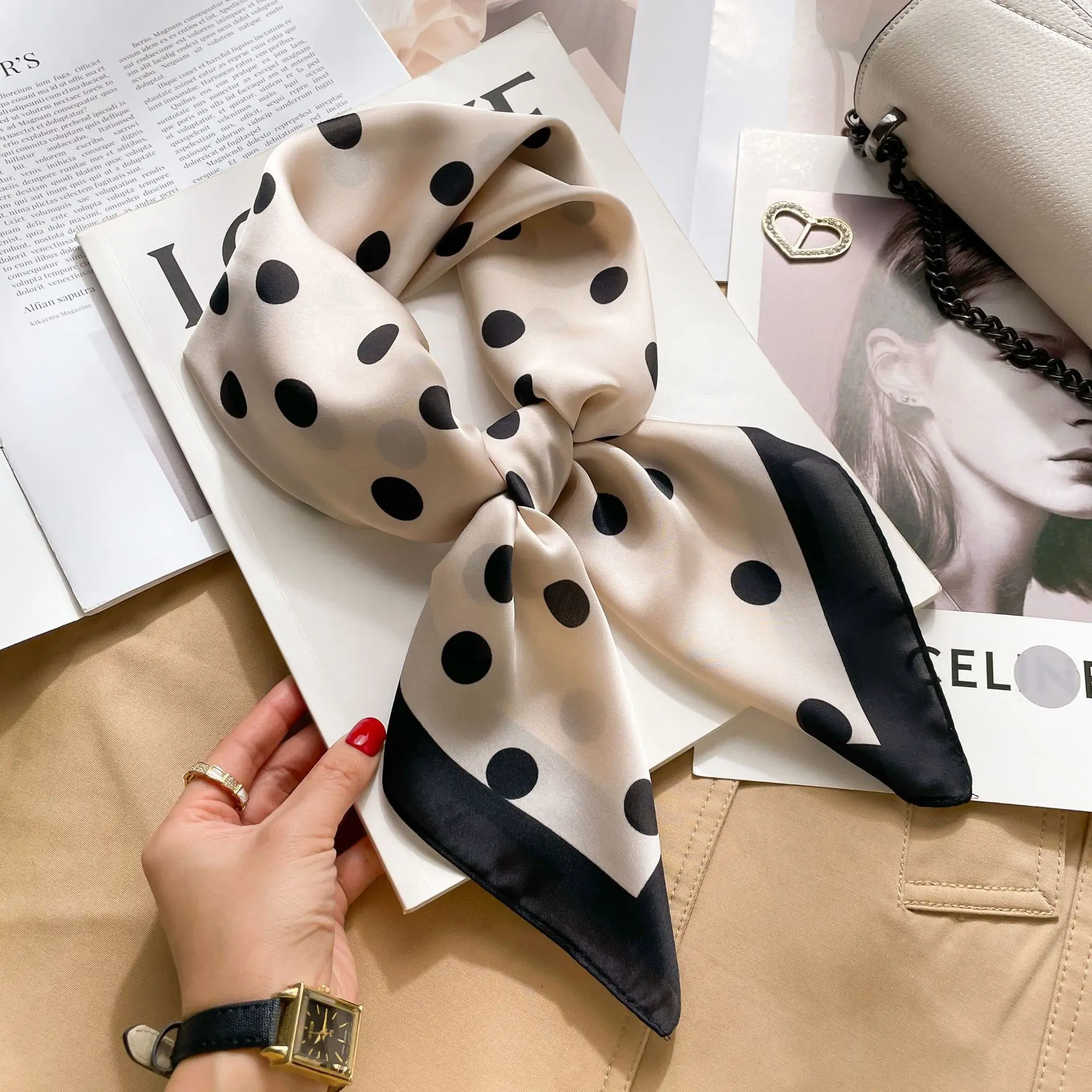 High Quality Black White Silk Scarf Neckerchief Women's Silk Square Scarf Purse Luxury Scarf for Women Designer Silk Headscarf image 3