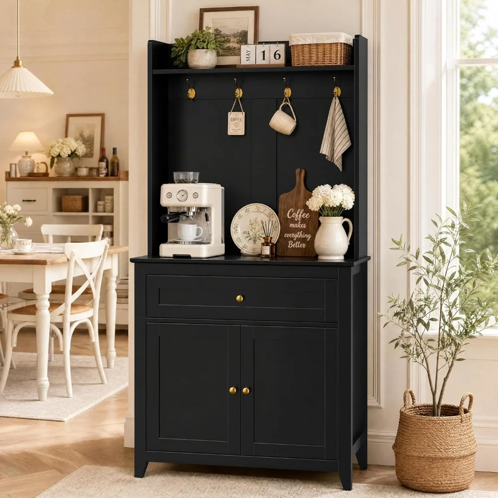 63 Inch Kitchen Pantry Cabinet with 4 Hooks and Coffee Bar Table with Drawer and Adjustable Shelves Black
