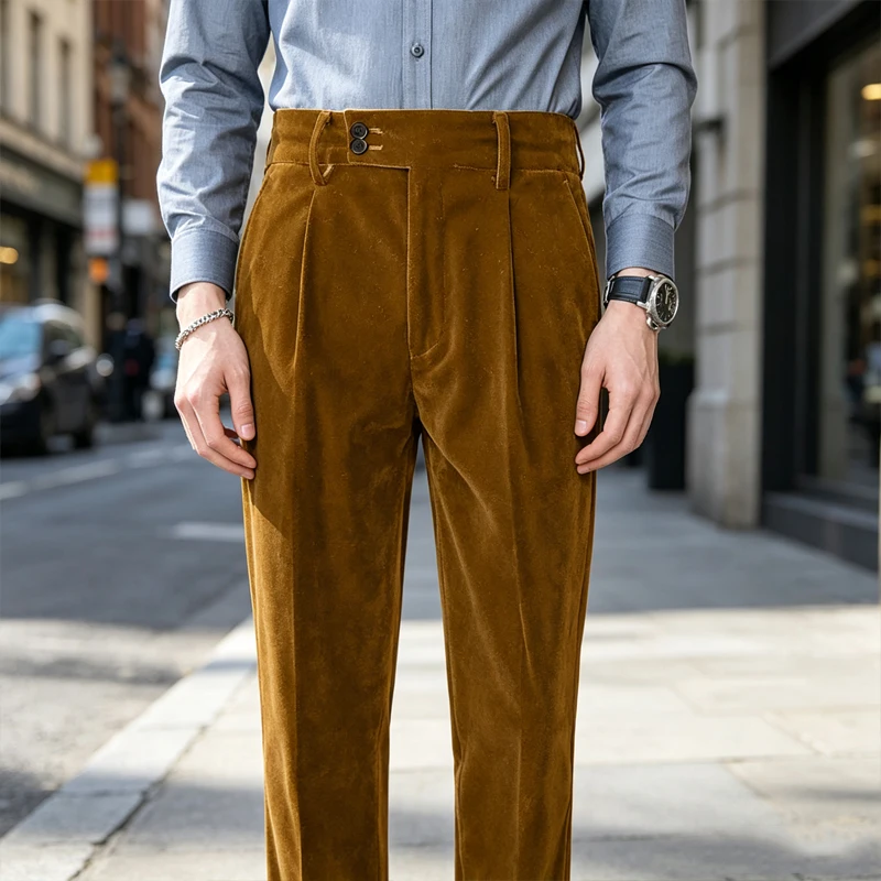 Luxury Men's Velvet Pants High Waist Double Pleat Slim Suit Straight Leg Trousers Business Casual for Formal Wedding Party image 5