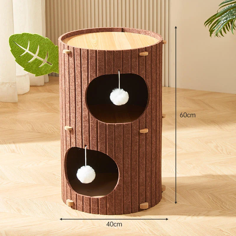 Double House IQ Box Oval Cat Scratcher Tree with Wood Durable Interactive Toys Sustainable Size Small