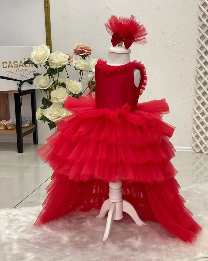 

Red Little Girls Bridesmaid Dress Flower Girl Dresses Ball Gown Kids Lace Wedding Party Pageant First Communion Gown