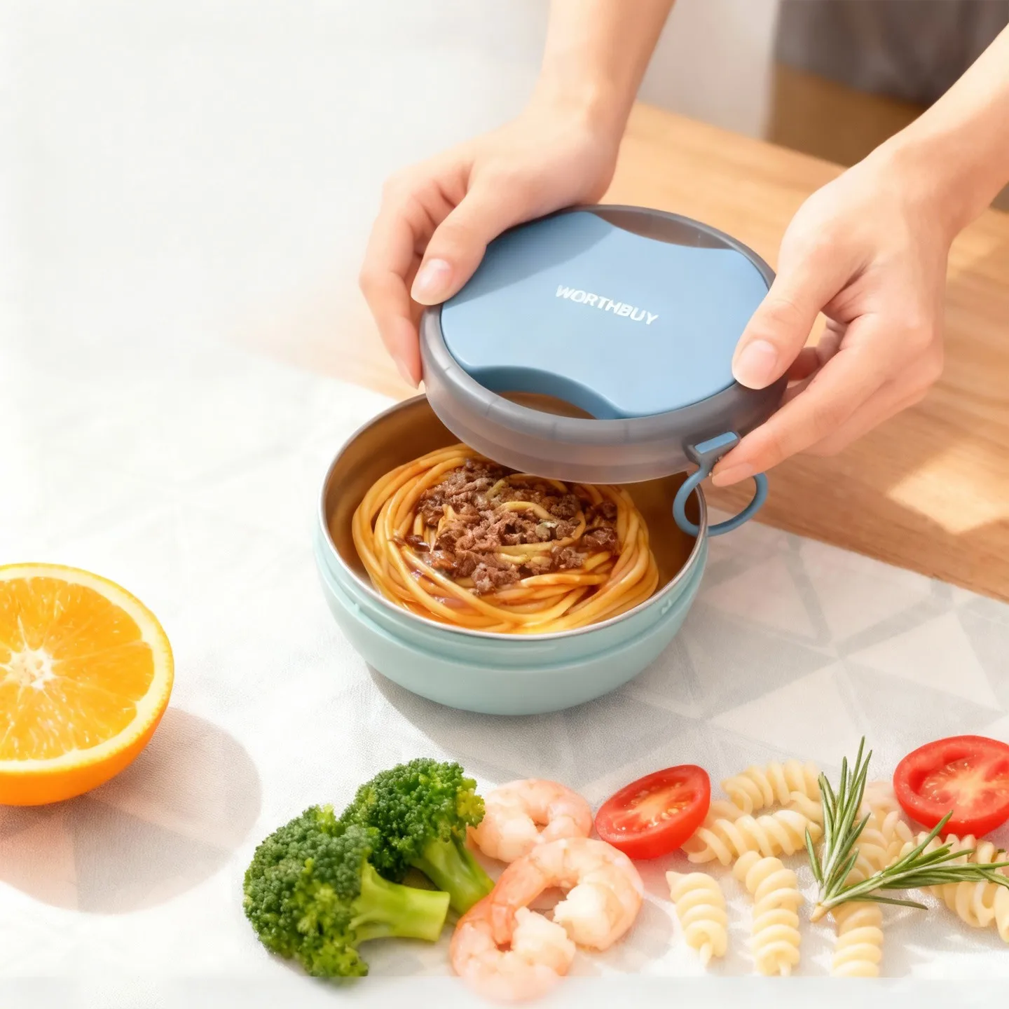 Portable Round Bento Lunch Box With Folding Cutlery Leak-proof Plastic/304 Stainless Steel Lunch Container For School Picnic view 3
