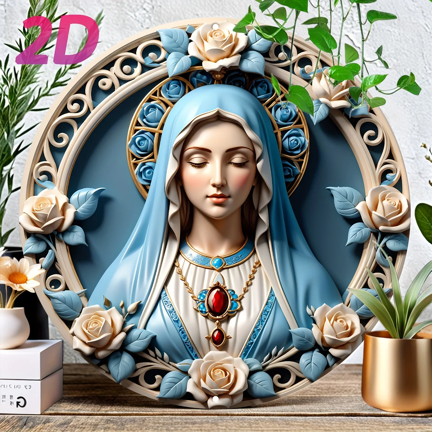 Unique 8 x 8 Inch \'Virgin Mary\' Rose Circular Wall Decoration Art, Seasonal Festival Gift, Aluminium Material