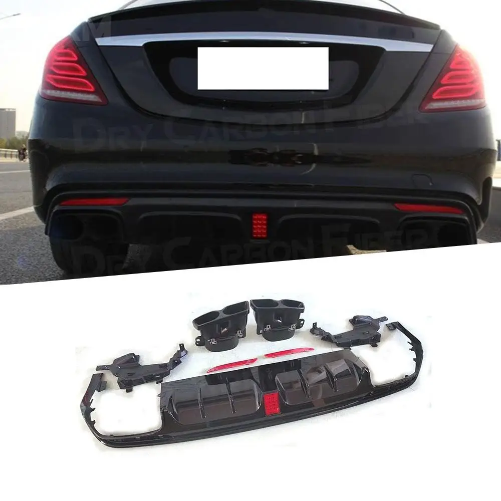 Rear Bumper Lip Diffuser with Exhaust Tips For Mercedes Benz S Class W222 S63 S65 AMG 2014 - 2017 B Style ABS Spoiler Car