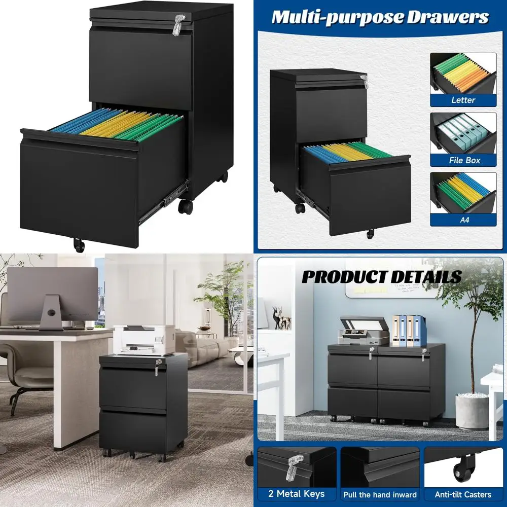Small Lockable Mobile Under Desk Filing Cabinet - Black Vertical 2-Drawer File Storage for Home Office
