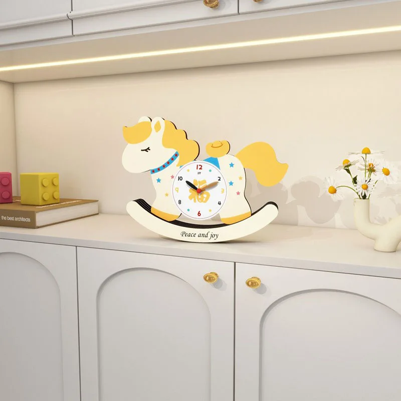 Rich Lucky Reducing Stress Lovely Rocking Horse Table Clock Personalize Decor Office Living Room Children Room Silent Desk Clock