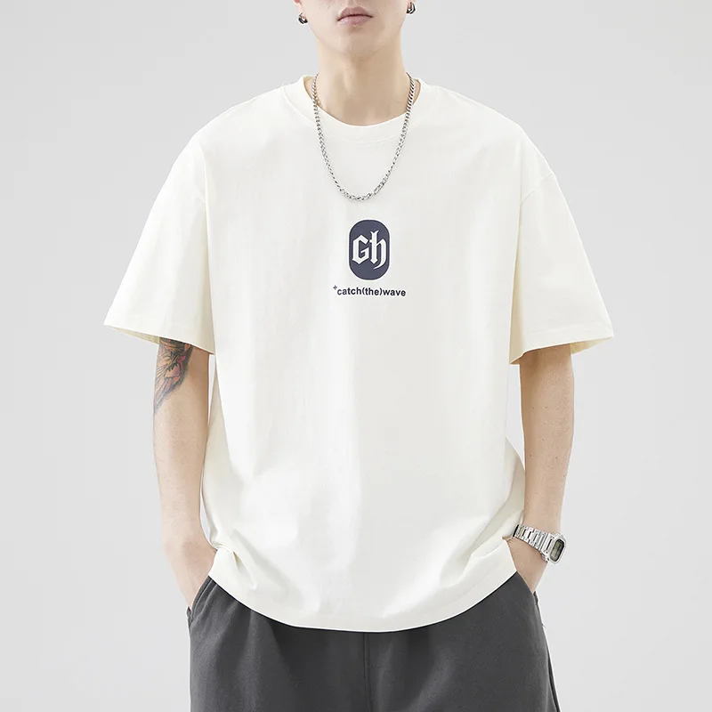 Anyang Minimalist Pure Cotton Short For Men's Summer Loose And Versatile Letter Printed Casual Half Sleeved T-Shirt With A Base